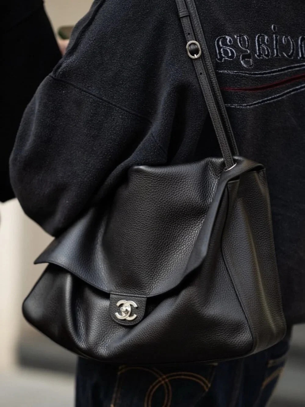 Black Leather Shoulder Flap Bag with CC Turn-Lock